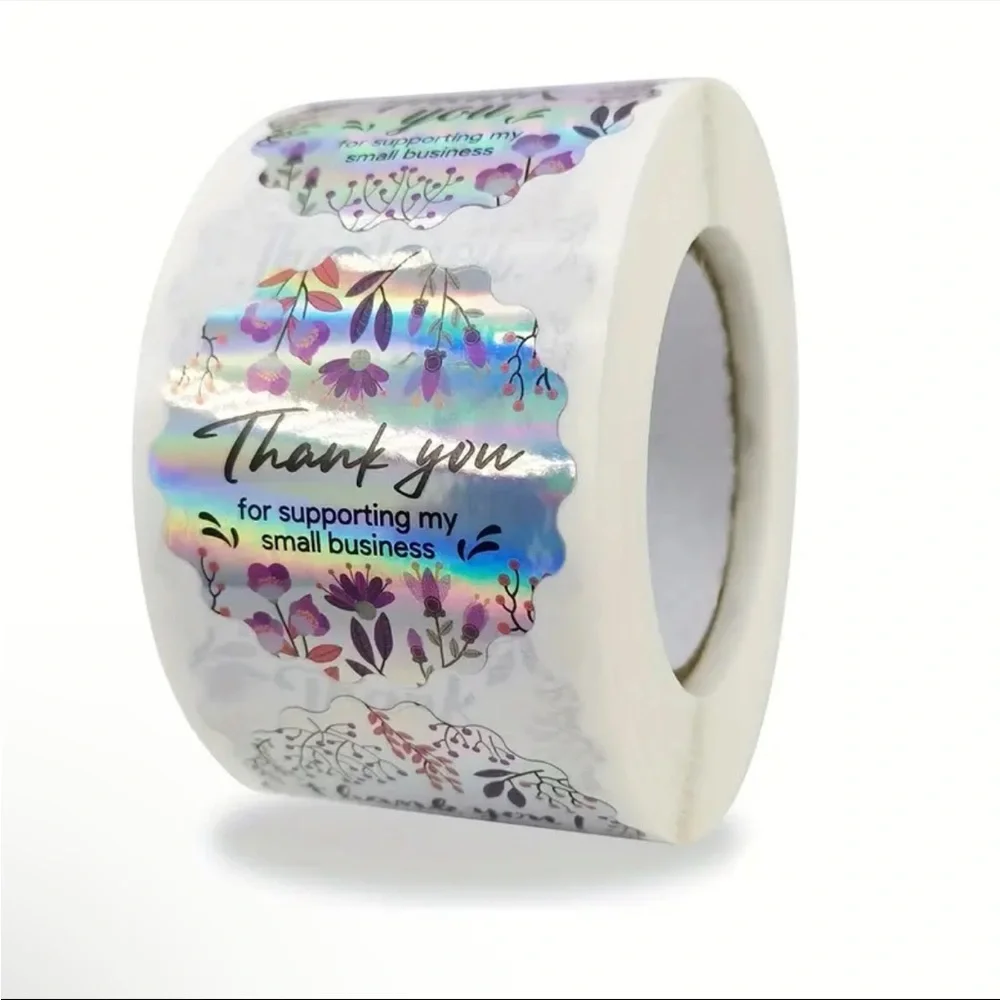 Roll of 500 Pink Floral Foil Thank You for Supporting my Small Business Stickers